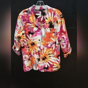 Mirror Image Floral Button-Up Jacket in Pink, Orange, and White Size 1X